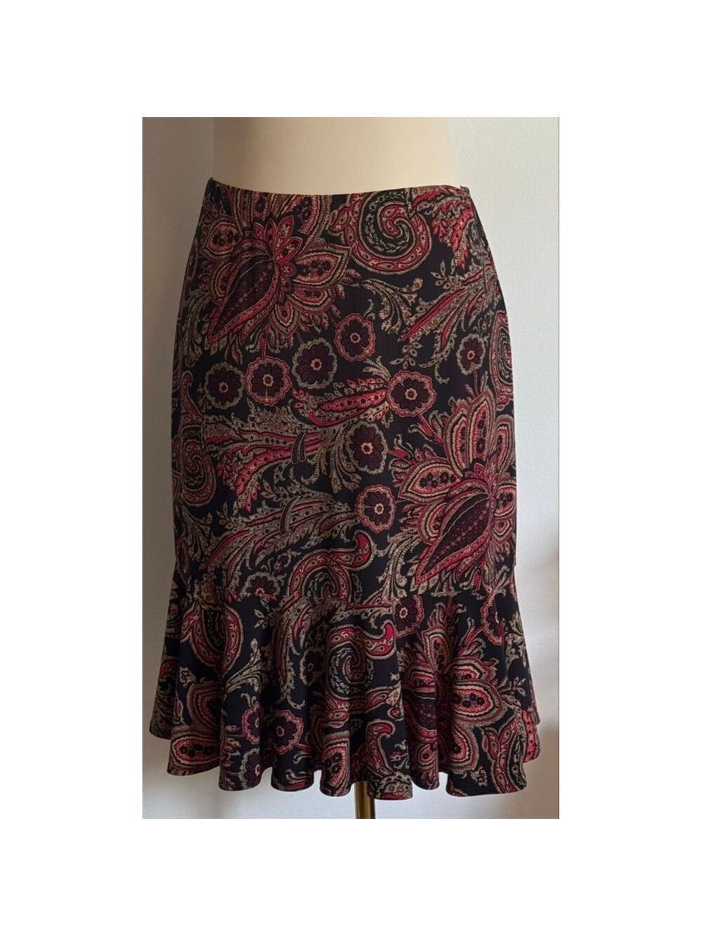 Women's Chaps Black Red Paisley Ruffle Hem Midi Skirt S